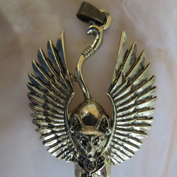 Egyptian Style Cat Pendant Gold Tone Metal 3D 2.75" (F71) - Picture 3 of 5